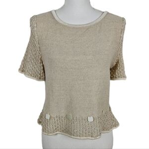 St John Crochet Top Small Wool Rayon Linen Blend Beige Short Sleeve Marie Gray